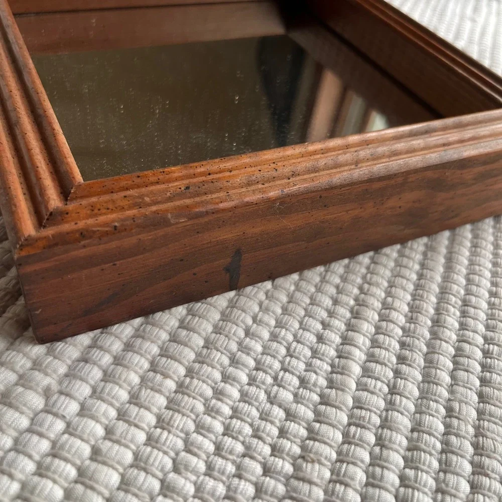 Vintage Wood Shadow Box Wall Mirrors Set of 2 Square Rectangular Brown Tiered